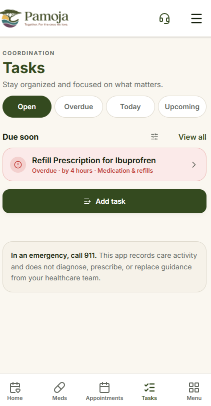 Pamoja Care task page showing an overdue prescription refill and care-team tasks